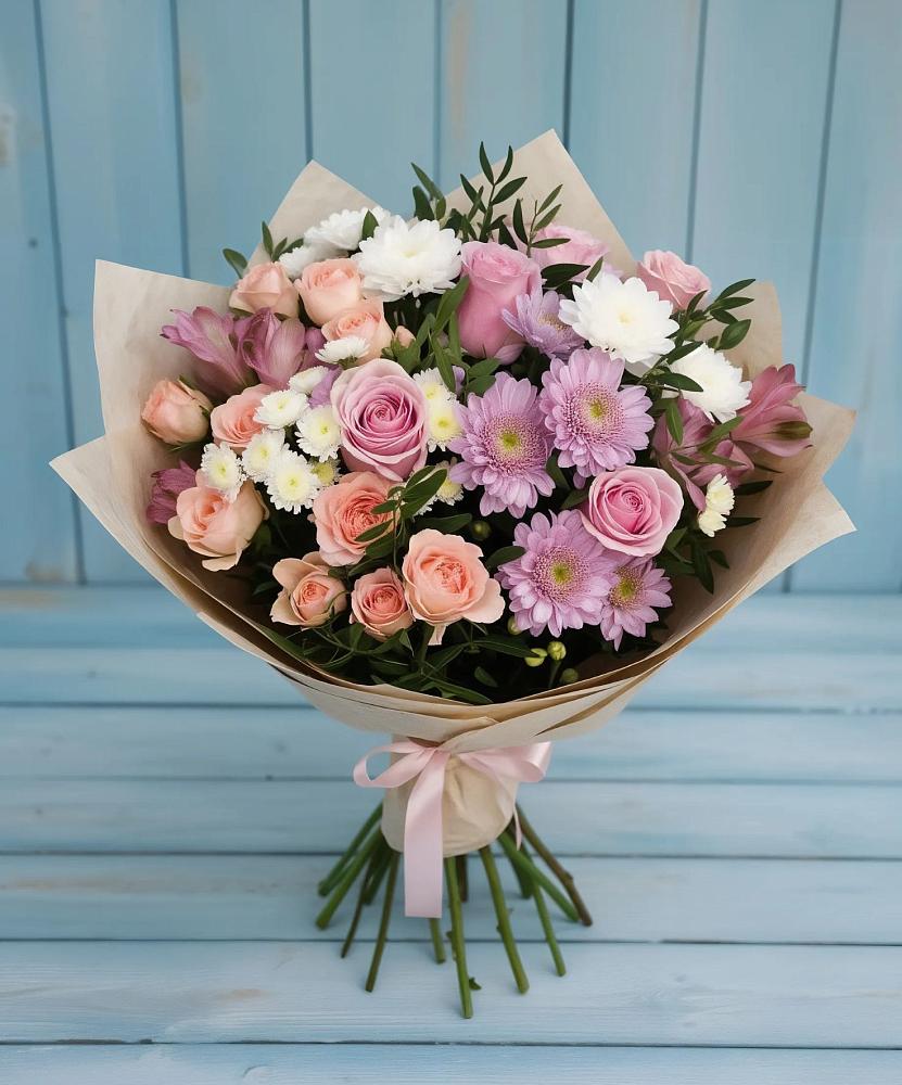 Букет цветов из: Хризантемы, Розы и Альстромерии в Мишутино