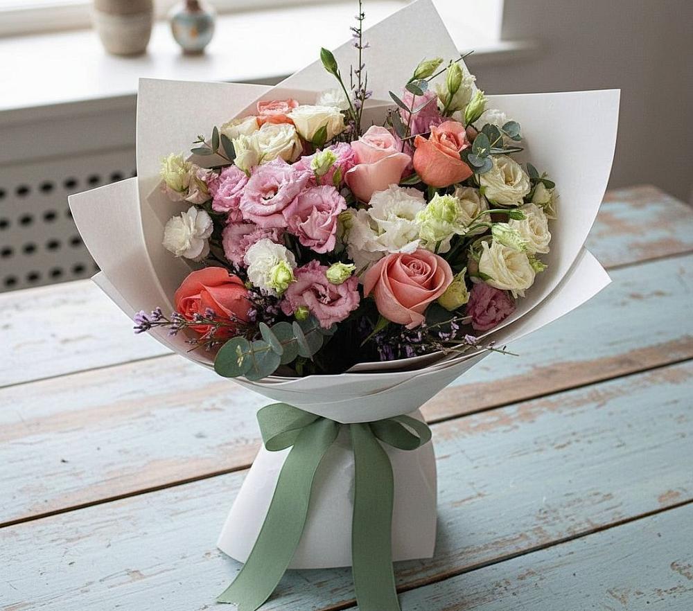 Букет цветов из: Розы, Лизиантусы и Гвоздики в Мишутино