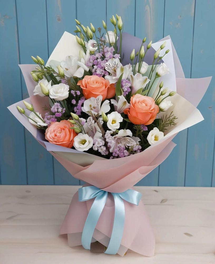 Букет цветов из: Лизиантусы, Розы, Альстромерии и Гипсофила в Мишутино