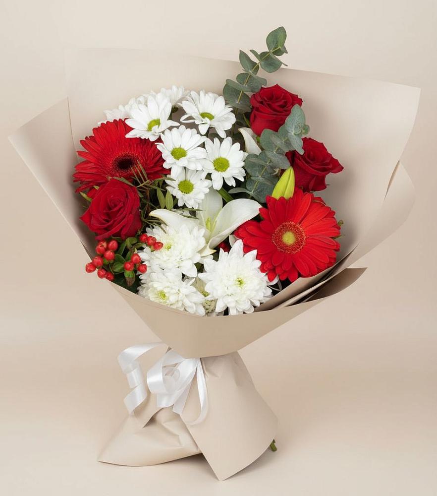 Букет цветов из: Розы, Хризантемы, Герберы и Лилии в Мишутино