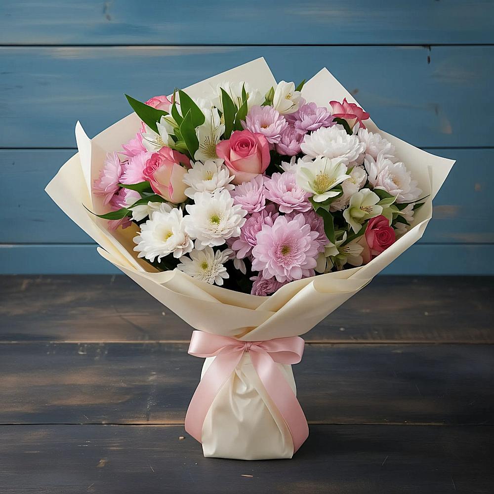 Букет цветов из: Хризантемы, Альстромерии и Розы в Мишутино